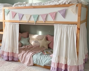 IKEA KURA用カーテン - 3色フリル付き、二段ベッド用プライバシーカーテン