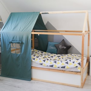 Curtains for Ikea Kura bed, Montessori Bed Canopy, Ikea Kura curtains, Ikea Kura Hack, Canopy bed house, Canopy House Bed, house bed cover