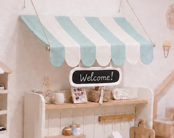 Tiffany and White Kids Awning, Wall Mounted Canopy for Play Kitchen or Pretend Cafe