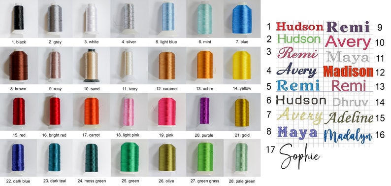 May include: A collection of embroidery thread spools in various colors, including black, gray, white, and blue. The image also displays a color chart with names like "Hudson" and "Remi" in different fonts, ideal for personalized embroidery projects.