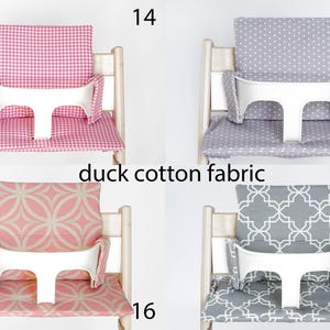 May include: Four high chair cushions in different patterns. Two are pink with white gingham and white circles, and two are gray with white polka dots and white geometric designs. The cushions are labeled 14, 15, 16, and 17. The text "duck cotton fabric" is in the center of the image.