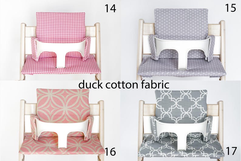 May include: Four high chair cushions in different patterns. Two are pink with white gingham and white circles, and two are gray with white polka dots and white geometric designs. The cushions are labeled 14, 15, 16, and 17. The text "duck cotton fabric" is in the center of the image.