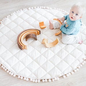 Natural Baby Play Mat With Pompom Trim, Padded Baby Play Mat, Round ...