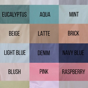May include: A color chart featuring eighteen rectangular swatches labeled with text: Ivory, White, Gray, Eucalyptus, Aqua, Mint, Beige, Latte, Brick, Light Blue, Denim, Navy Blue, Blush, Pink, Raspberry, Olive, Lilac, and Greige in black font.