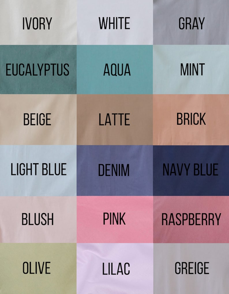 May include: A color chart featuring eighteen rectangular swatches labeled with text: Ivory, White, Gray, Eucalyptus, Aqua, Mint, Beige, Latte, Brick, Light Blue, Denim, Navy Blue, Blush, Pink, Raspberry, Olive, Lilac, and Greige in black font.