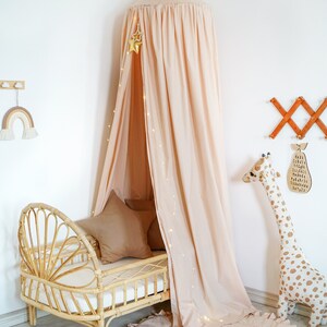 May include: A light pink canopy bed with a white wicker bed frame and a light pink ruffled rug. The canopy is decorated with a string of fairy lights and a gold star.
