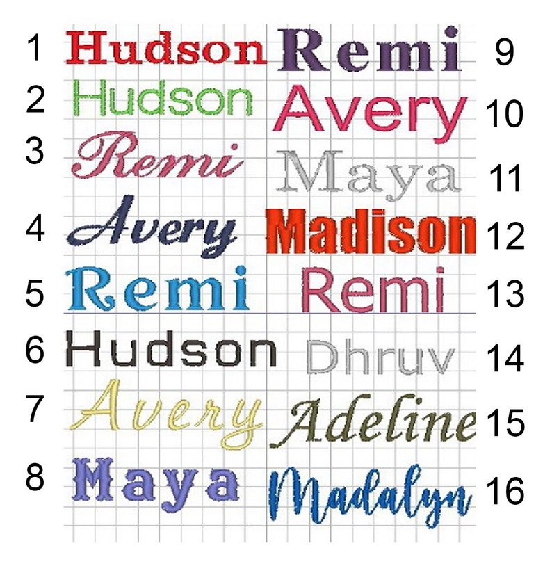 May include: A grid with numbers 1 through 8 on the left side and 9 through 16 on the right side. Each row has a name written in a different color. The names are Hudson, Remi, Avery, Maya, Madison, Dhruv, Adeline, and Madalyn.