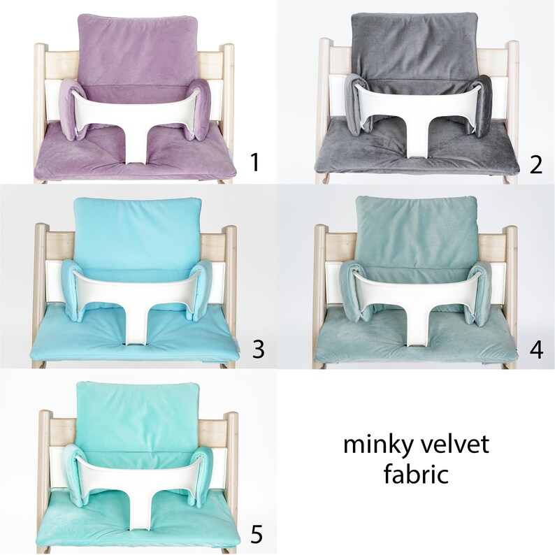 May include: Five different color high chair cushions made of minky velvet fabric. The cushions are in shades of purple, gray, light blue, turquoise, and teal. The cushions have a white tray and are designed to fit a high chair.