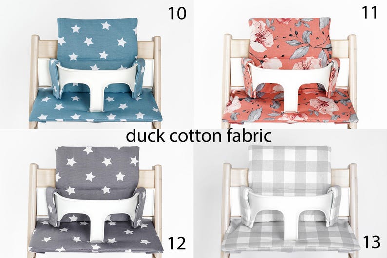 May include: Four different chair cushions for a high chair. The cushions are in various patterns, including stars, flowers, and plaid. The cushions are made of duck cotton fabric. The numbers 10, 11, 12, and 13 are visible in the image.