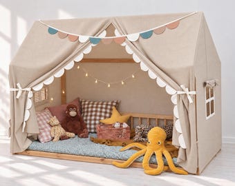 House Bed Canopy with Scalloped Curtains, Montessori Bed Canopy, Custom Size