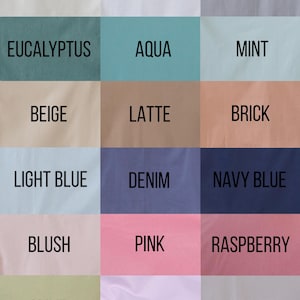 May include: A color chart with 18 different fabric swatches. The swatches are arranged in a 3x6 grid. The colors include ivory, white, gray, eucalyptus, aqua, mint, beige, latte, brick, light blue, denim, navy blue, blush, pink, raspberry, olive, lilac, and greige.