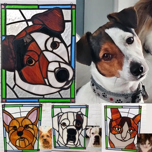 Your pet in stained glass. custom dog, cat, any animal portrait. For window, wall or suncatcher gift or pet memorial.