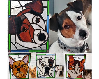 Your pet in stained glass. custom dog, cat, any animal portrait. For window, wall or suncatcher gift or pet memorial.