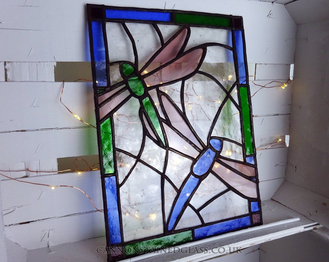 Stained Glass Dragonfly Panel  Framed Dragonfly Wall Art - The Birdhouse  Chick