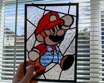 Handmade Stained Glass Mario Panel – Nintendo SNES Sprite Suncatcher, Gamer Wall Decor