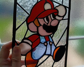 手作りのステンドグラス製マリオパネル – 任天堂SNESスプライトサン