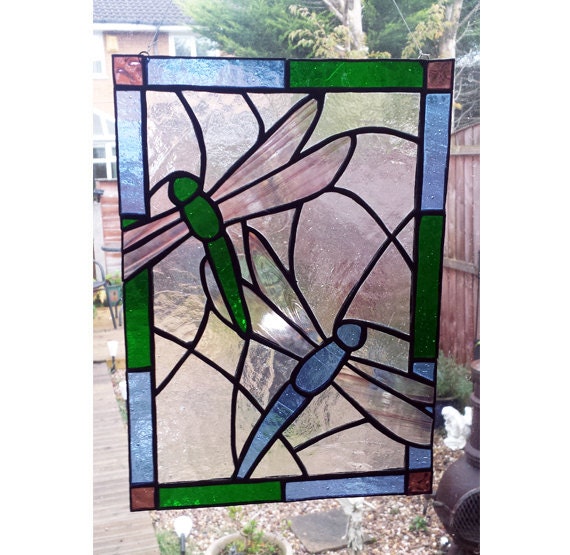 Stained Glass Dragonfly Panel  Framed Dragonfly Wall Art - The Birdhouse  Chick