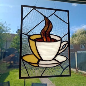 Cup of Coffee Stained Glass panel, for wall, window or suncatcher. window hanger