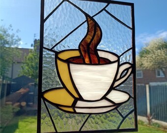 手作りステンドグラスパネル：モーニングコーヒータイムの窓用サン