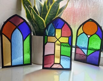 Mini Church Windows, real stained glass. suncatchers. cross, cathedral. traditionally handmade.