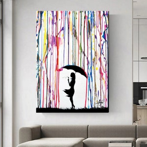 Banksy Girl with Umbrella In Colourful Rain Street Art Printed Canvas 0r Poster Print