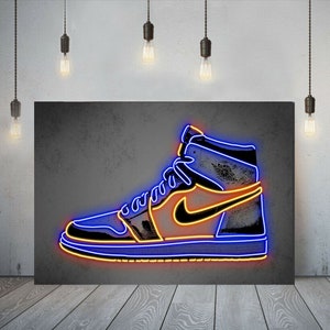 Jordan Nike Air 1 OG Sneakers Neon Effect Printed Framed Canvas Wall Art or Poster Paper Print