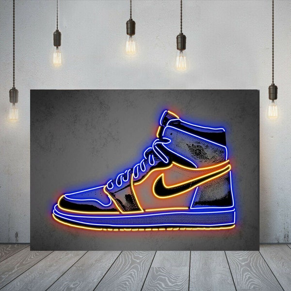 Jordan Nike Air 1 OG Sneakers Neon Effect Printed Framed Canvas Wall Art or Poster Paper Print