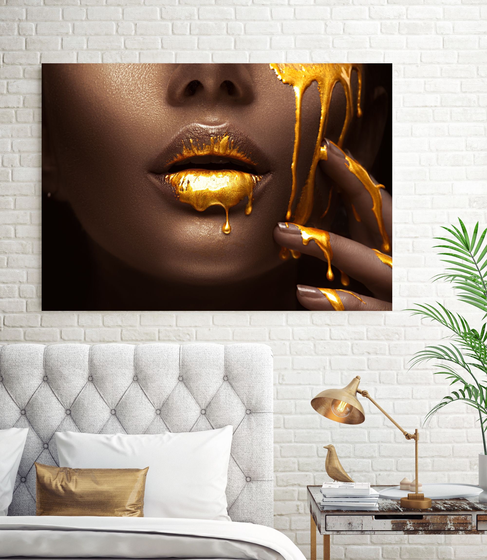 Stunning Dripping Gold Lips Face Canvas Wall Art Print Deep - Etsy