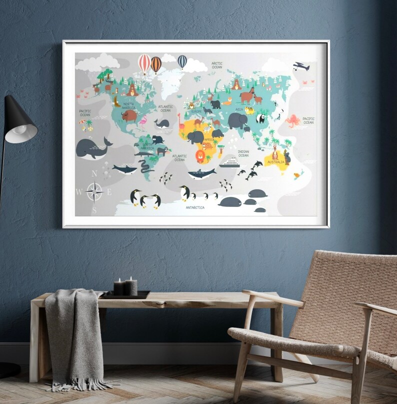 Animal World Map Kids Babies Wall Art Wrapped Frame Printed Etsy UK