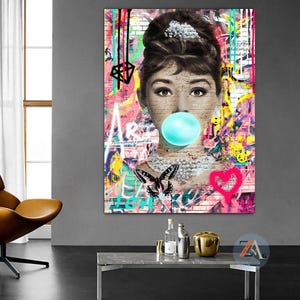 Audrey Hepburn Graffiti Art Print: Bubble Gum Pop Art Canvas