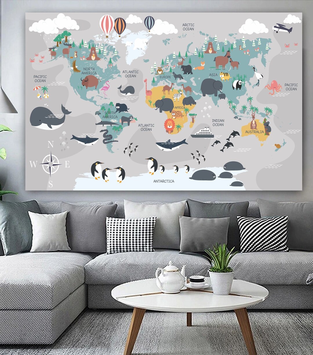 Animal World Map Kids Babies Wall Art Wrapped Frame Printed Canvas or ...