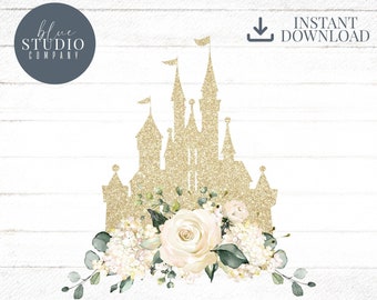 Gold Glitter Castle with Watercolor White Floral and Greenery Accents, Magic, Princess, Kingdom, Png, Jpg, Instant Download