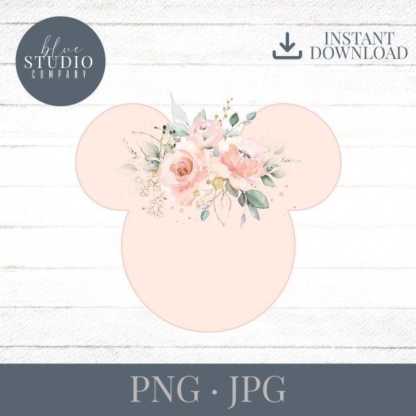 Blush Mickey Head with Watercolor Floral Accents, WDW, Magic, Kingdom, Png, Jpg, Instant Download