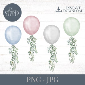Aquarel grote confetti ballonnen met groen, blauw, roze, groen, grijs, baby shower graphics, png, jpg, instant download