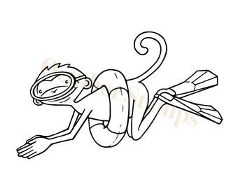 EZ Mounted Rubber Stamp Monkey ”Otto” Swimming Bathing ring Diving Mask Altered Art Craft Scrapbooking Cardmaking Collage Supply