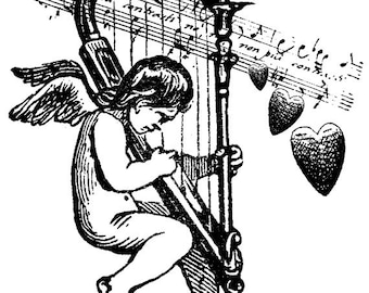 EZ Mounted Rubber Stamp Victorian Cherub playing Harp Music Heart Altered Art Craft Scrapbooking Cardmaking Collage Supply.