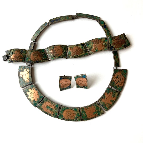 Mexican Green Stone Mosaic Jewelry Set with Copper Inlay