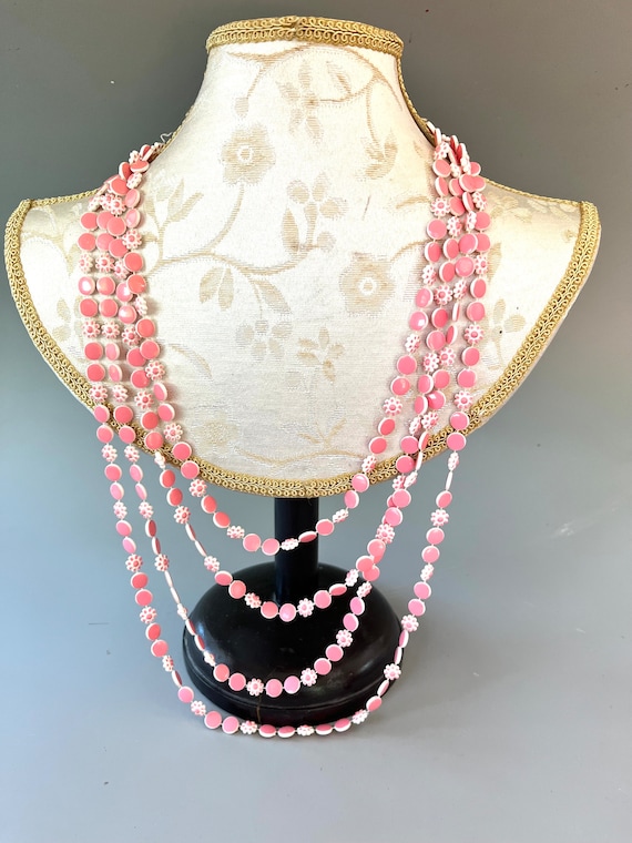 Pink Flower Multi-strand Necklace, Plastic, Japan… - image 1