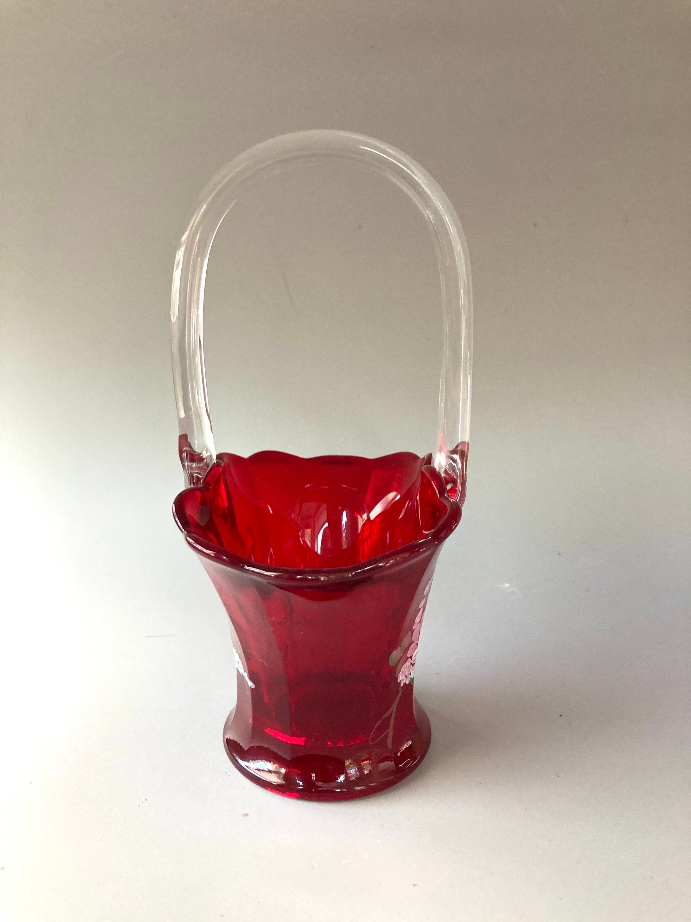 Red Glass Basket With Painted Flowers Westmooreland Vintage Etsy