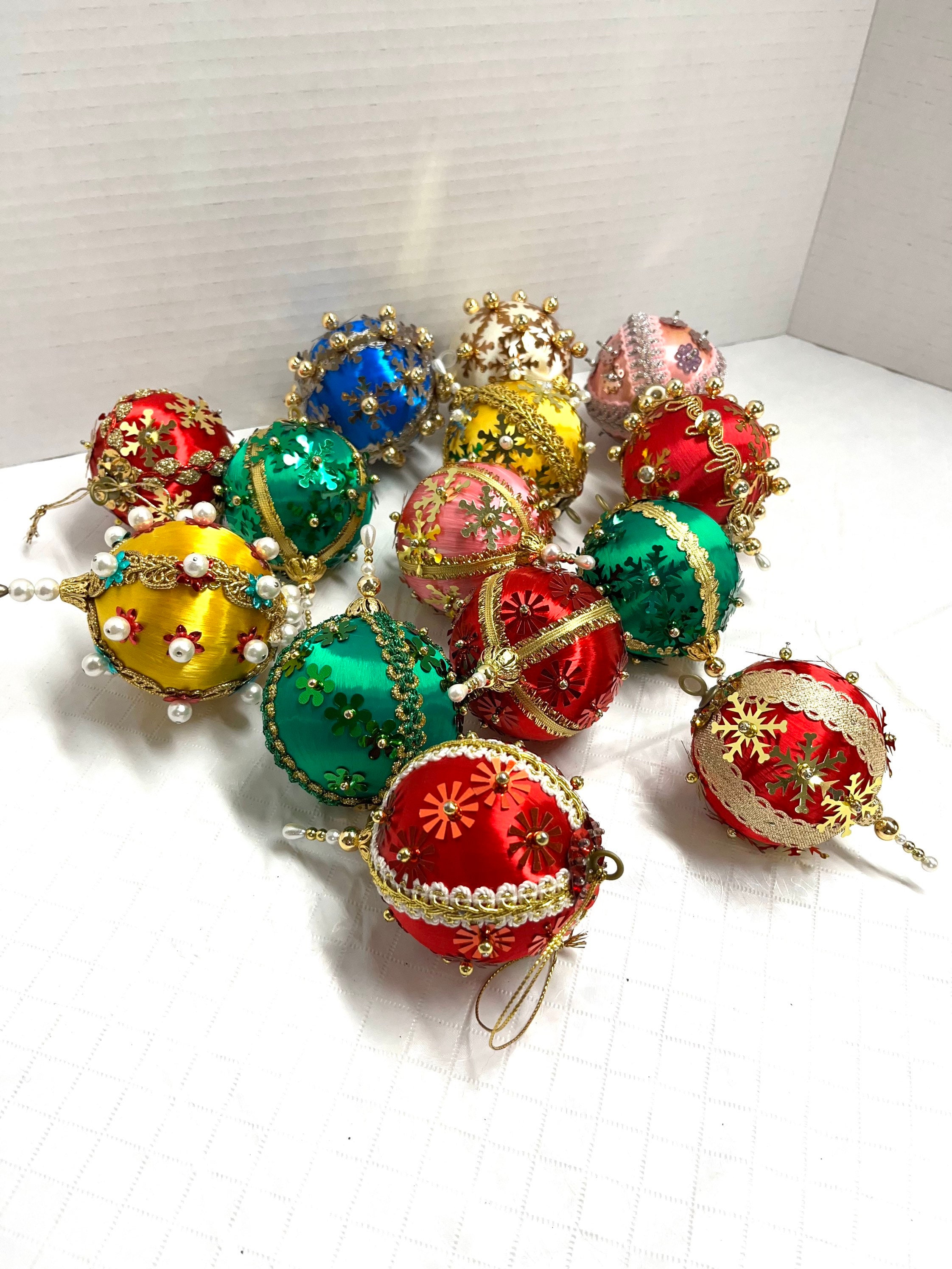 Vintage Jumbo Blue Hand Spun Cotton Pearl Push Pin Beaded Holiday Decor  Christmas Tree Ornament