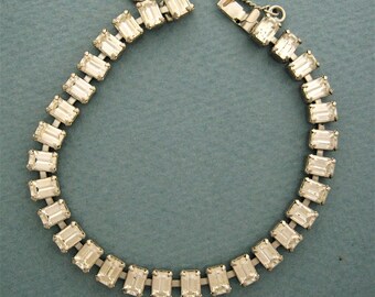 Rhinestone Bracelet Baguettes*Vintage Clear Rhinestones *Prong Set Rhinestones*1960's Rhinestone Bracelet*Safety Chain*Silver Tone Metal