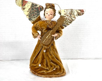 Angel Christmas Ornament, Foil Wings and Velvet Gown, Vintage 1950's