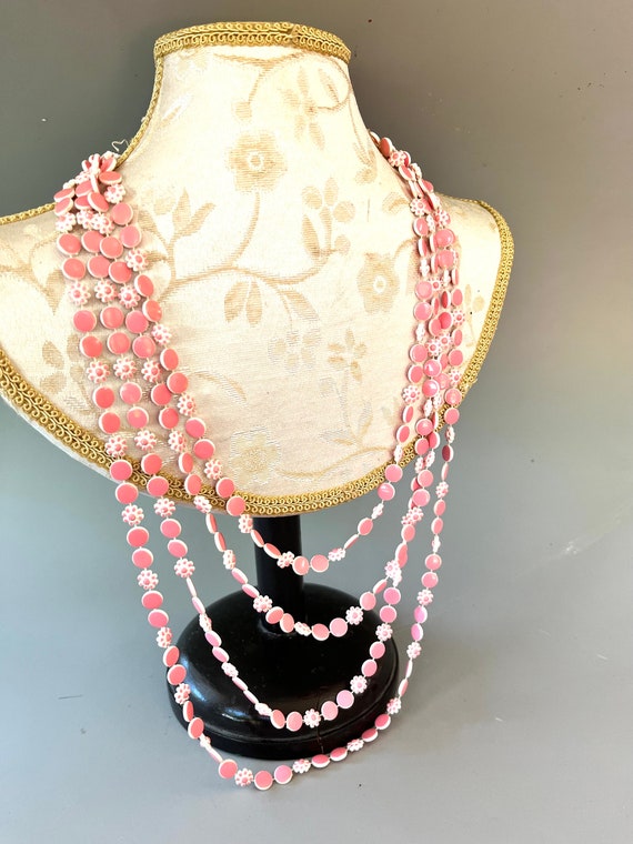 Pink Flower Multi-strand Necklace, Plastic, Japan… - image 3