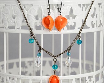 Chinese lantern jewelry set – Orange Physalis drop earrings, Winter cherry necklace, Blue & crystal white bead accents Nature-inspired gift
