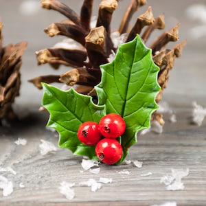 ヒイラギのブローチピン、ヒイラギの実のクリスマスアクセサリー、クリスマスブートニア、冬のウェディングアクセサリー、ブライダルヘアオーナメント、リアルな花