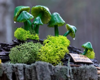 Green mushroom figurine - Lifelike nature art, Unique collectible, Realistic woodland, Gliophorus Psittacinus One Of A Kind sculpture gift