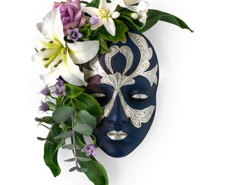 Contemporary Medusa Gorgon wall sculpture - Blue Venetian mask bas-relief, Sculpted flowers, Greek mythology art, OOAK collectible wall art