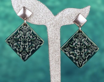 Deep green ceramic tile dangle earrings - Artisan statement accessory, Portugal antique tile, Azulejo inspired jewelry gift, Majolica design