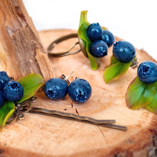 Blueberry stud earrings, ring and hair bobby pin in summer style, realistic 3D fruit jewelry custom set with blue berries of polymer clay