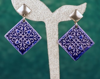 Royal blue Mediterranean majolica earrings - Artisan ceramic dangle earrings, Statement jewelry gift, Portuguese azulejo handmade tiles